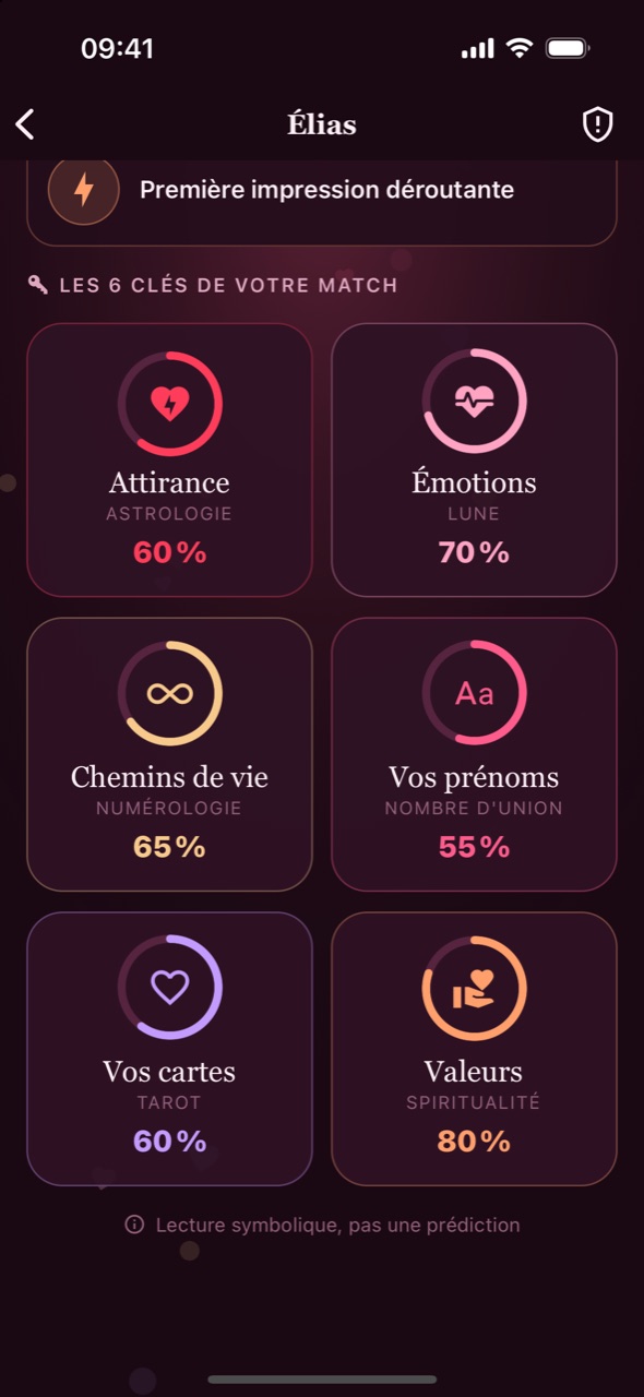 Les 6 clés d'un match : Attirance, Émotions, Chemins de vie, Vos prénoms, Vos cartes et Valeurs, chacune avec son pourcentage.