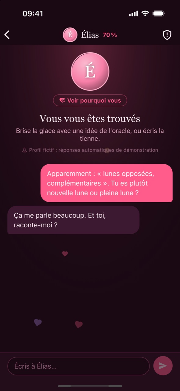 La discussion avec Élias : un premier message soufflé par l'oracle, sur vos lunes opposées et complémentaires.