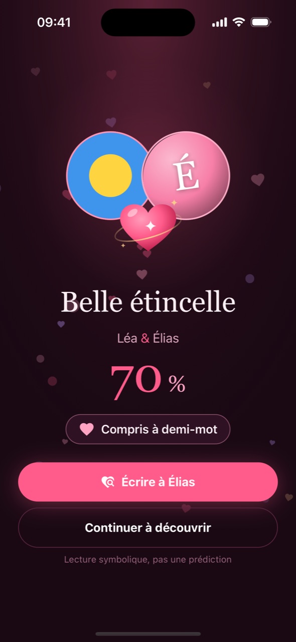 L'écran de match : « Belle étincelle », Léa et Élias, 70 %, avec le bouton Écrire à Élias.